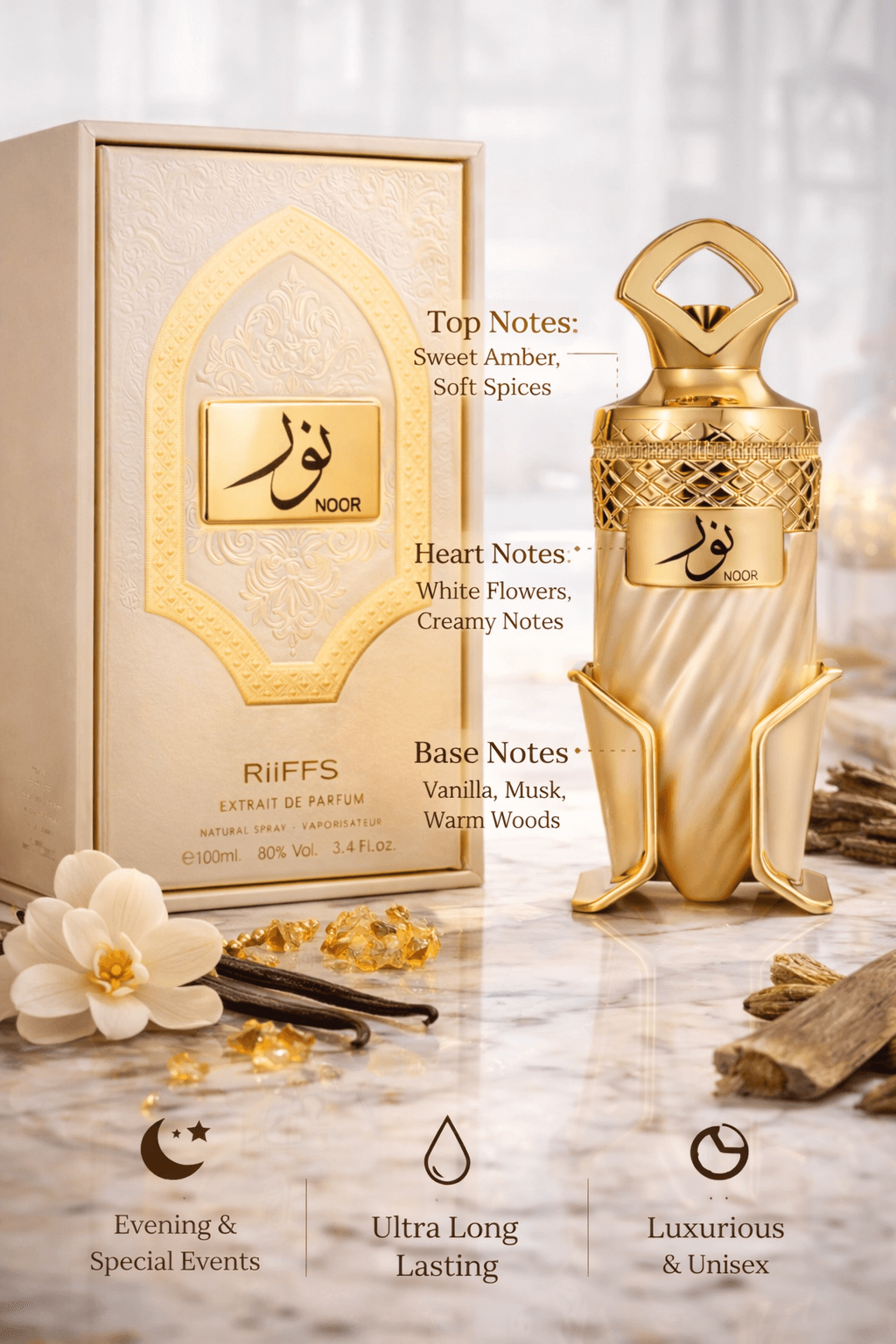 RiiFFS Noor Extrait de Parfum 100ml unisex luxury oriental perfume bottle and box
