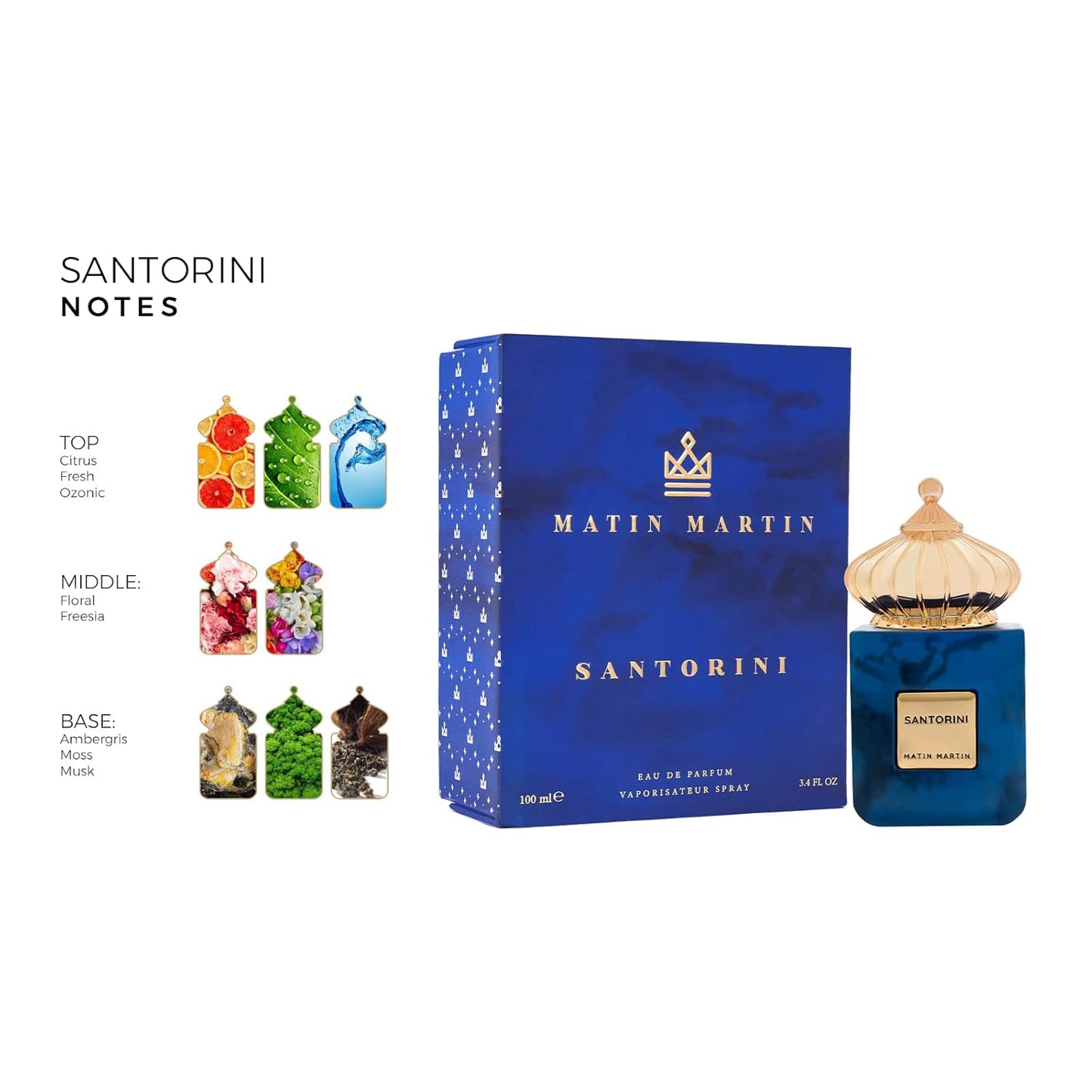 Santorini Eau de Parfum 100ML unisex fragrance bottle with elegant Mediterranean-inspired design