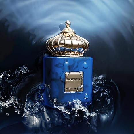 Santorini by Matin Martin unisex perfume showing front view of the bottle with luxury packaging
