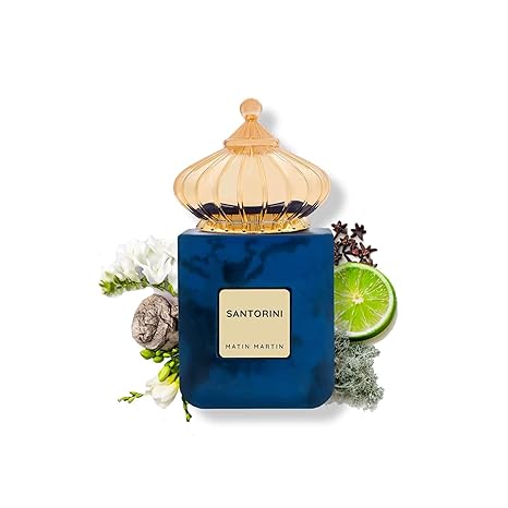 Santorini Unisex Eau de Parfum 100ML by Matin Martin bottle and box on a clean white background