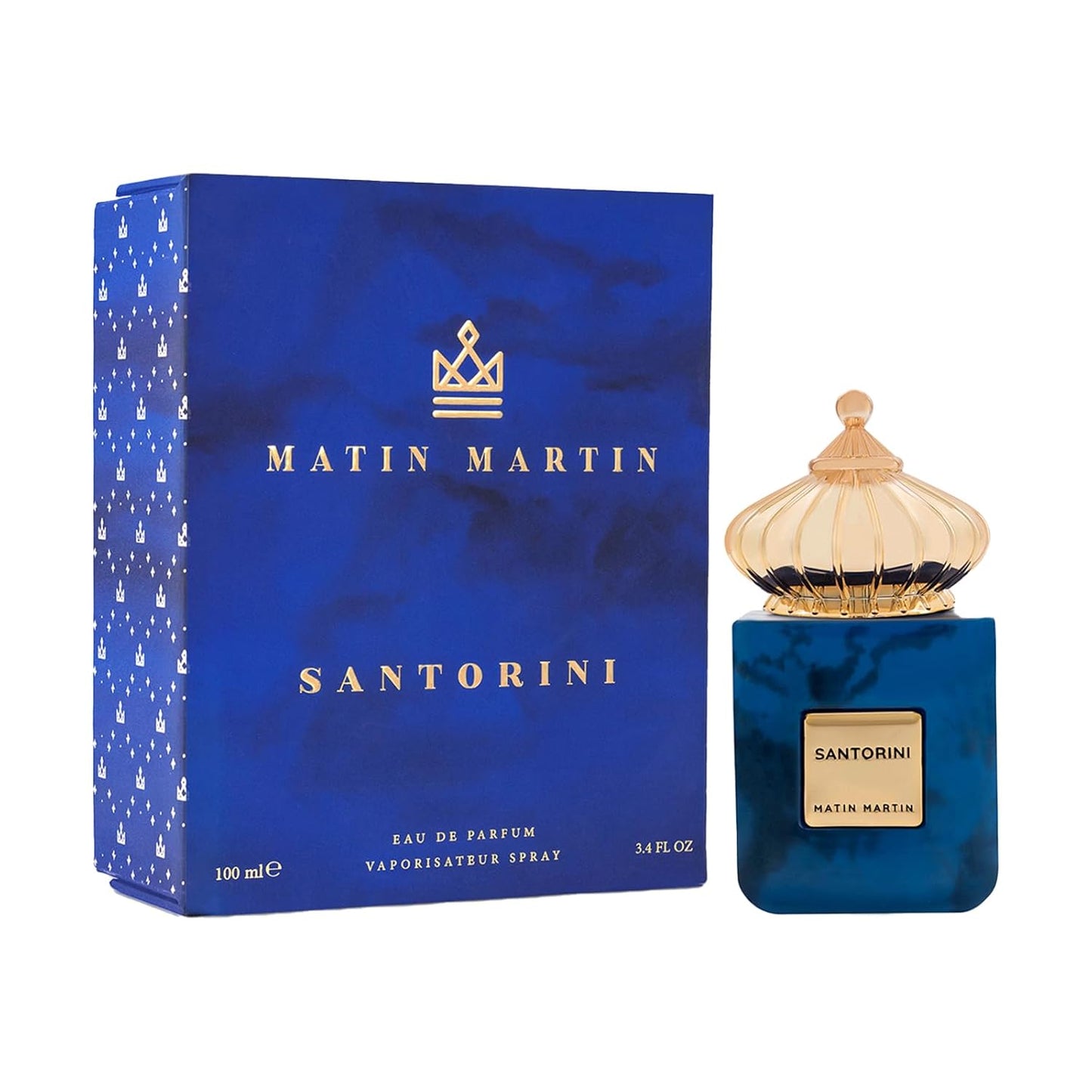 Santorini Unisex Eau de Parfum 100ML by Matin Martin bottle and box on a clean white background