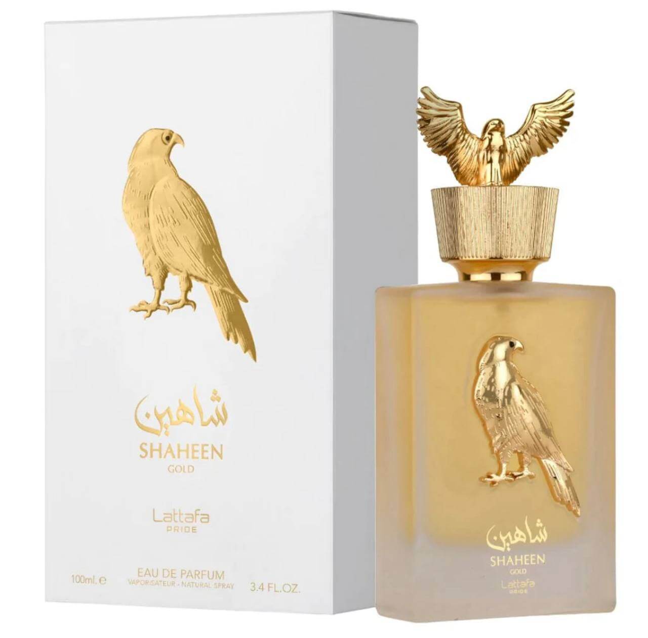 Shop Lattafa Shaheen Gold Eau de Parfum 100ml – a fresh woody and musky fragrance with long-lasting elegance. Luxury design with golden falcon.