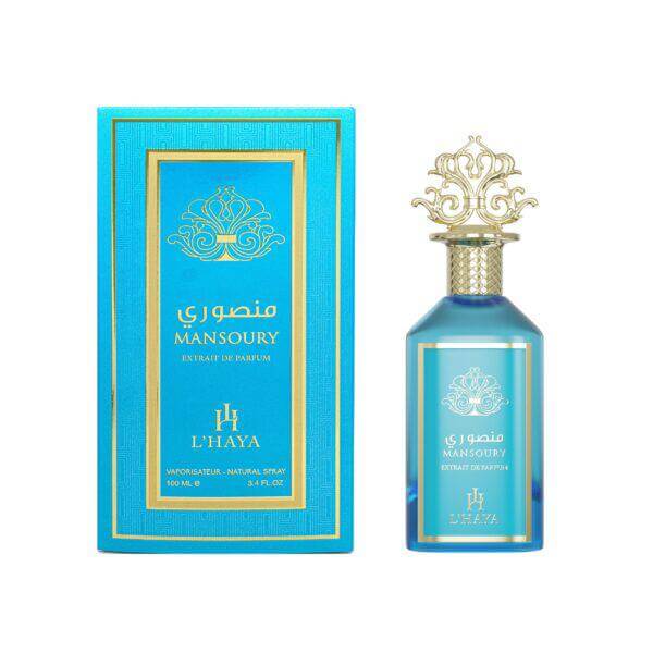 Shop L’Haya Mansoury Extrait de Parfum 100ml – a vibrant unisex luxury fragrance with citrus, mint, ginger, and floral-woody depth. Elegant, modern, and long-lasting.