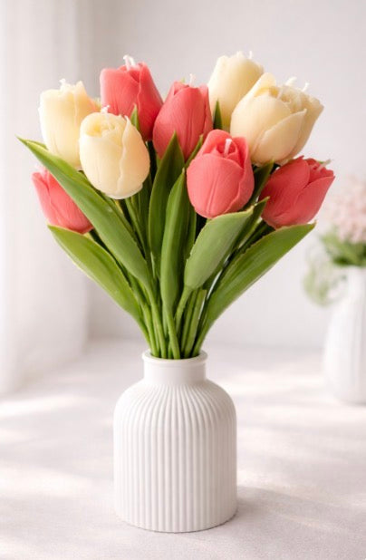 Sunflower candle arrangement — three yellow sunflower candles in ribbed ceramic vase with matching lidded jar on tray