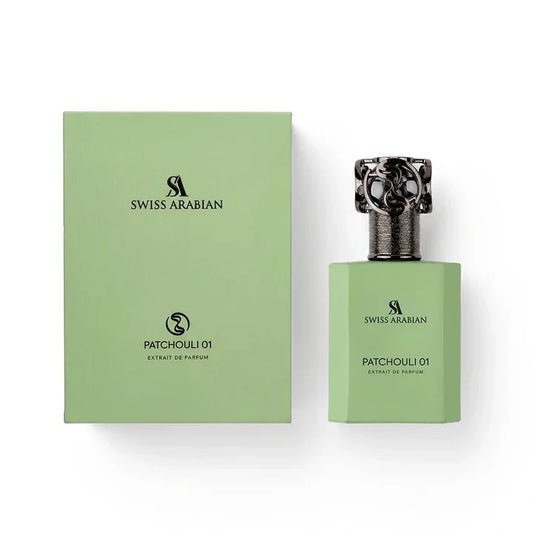 Swiss Arabian Patchouli 01 Unisex Extrait de Parfum 50 ml fragrance bottle and retail box