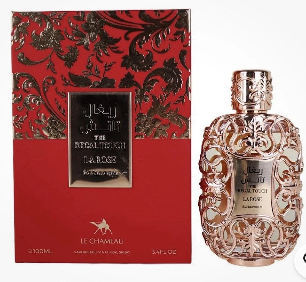 The Regal Touch La Rose Eau de Parfum 100ml by Le Chameau bottle and red box in white background