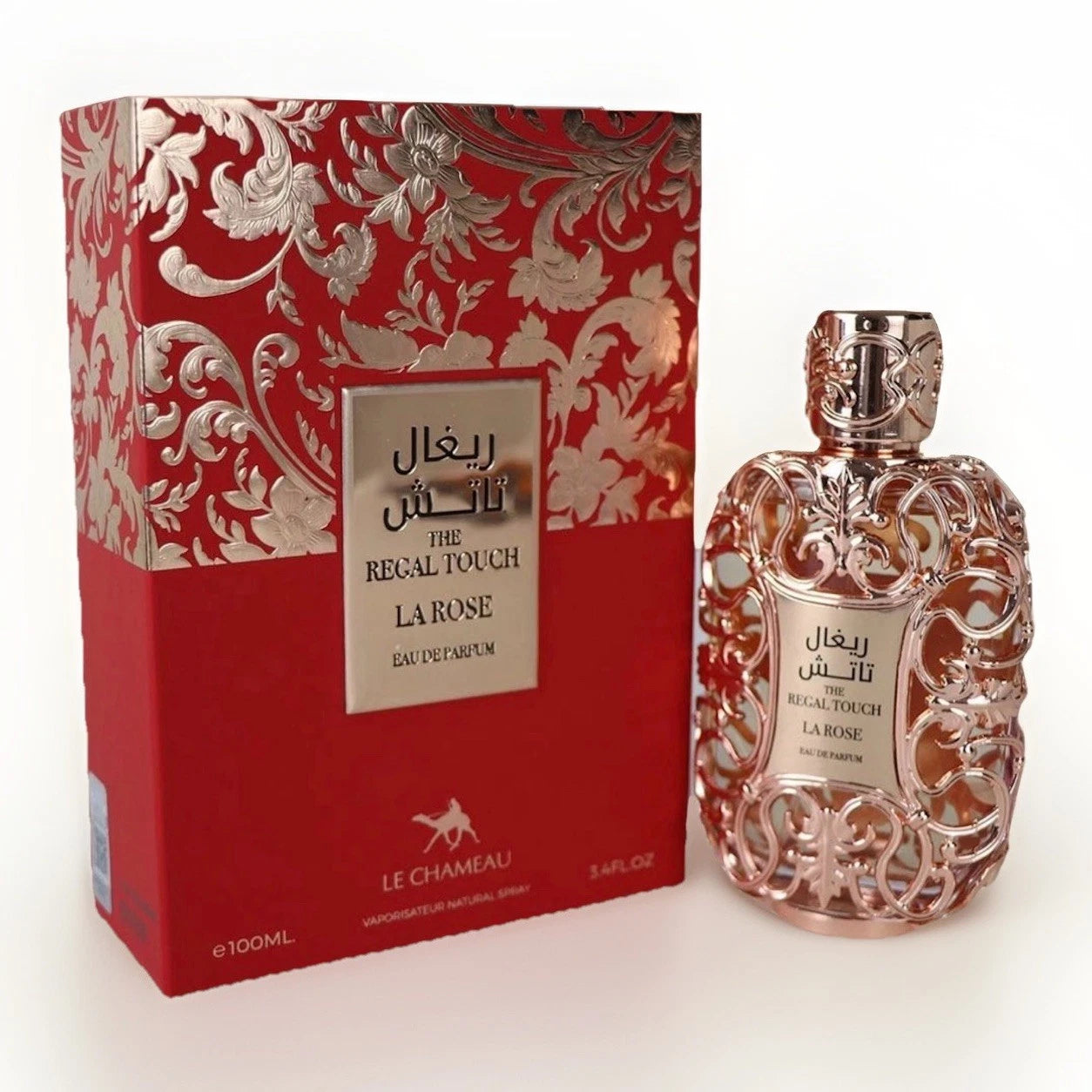 The Regal Touch La Rose Eau de Parfum 100ml by Le Chameau bottle and red box in white background