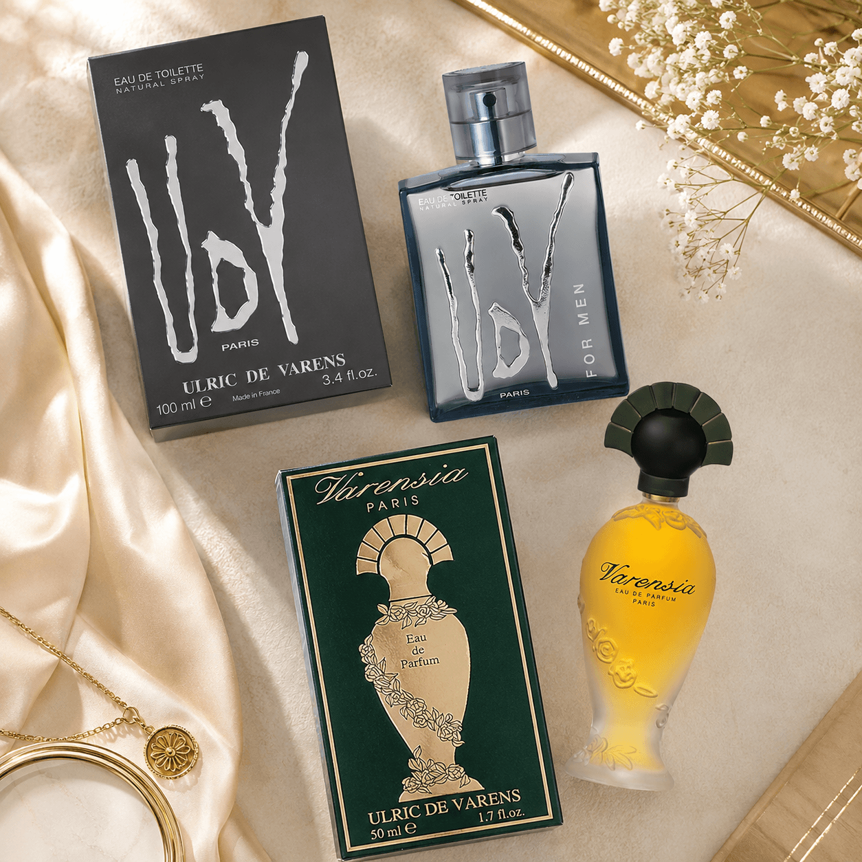 Ulric de Varens UDV For Men and Varensia His & Hers fragrance bundle with bottles and boxes