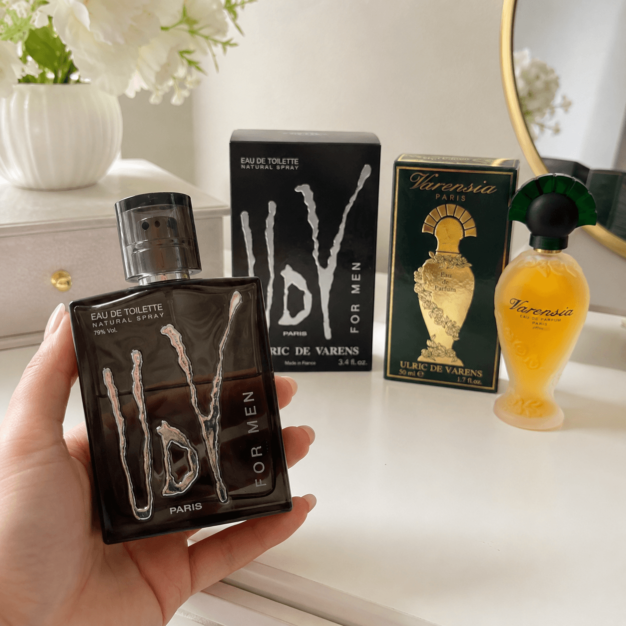 Ulric de Varens UDV For Men and Varensia His & Hers fragrance bundle with bottles and boxes