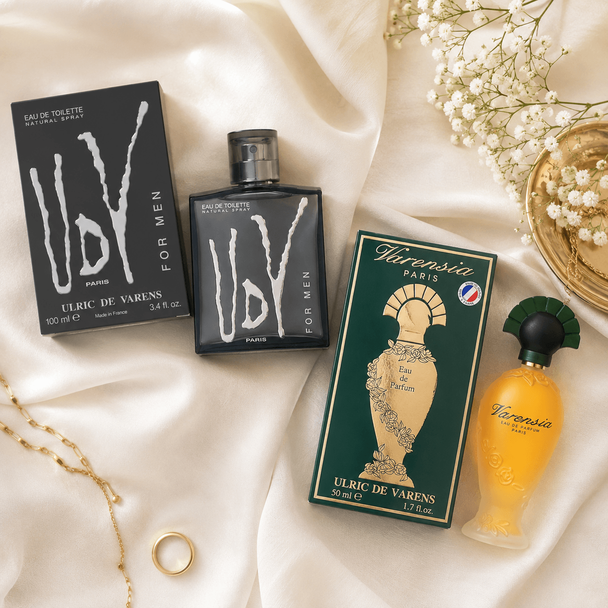 Ulric de Varens UDV For Men and Varensia His & Hers fragrance bundle with bottles and boxes