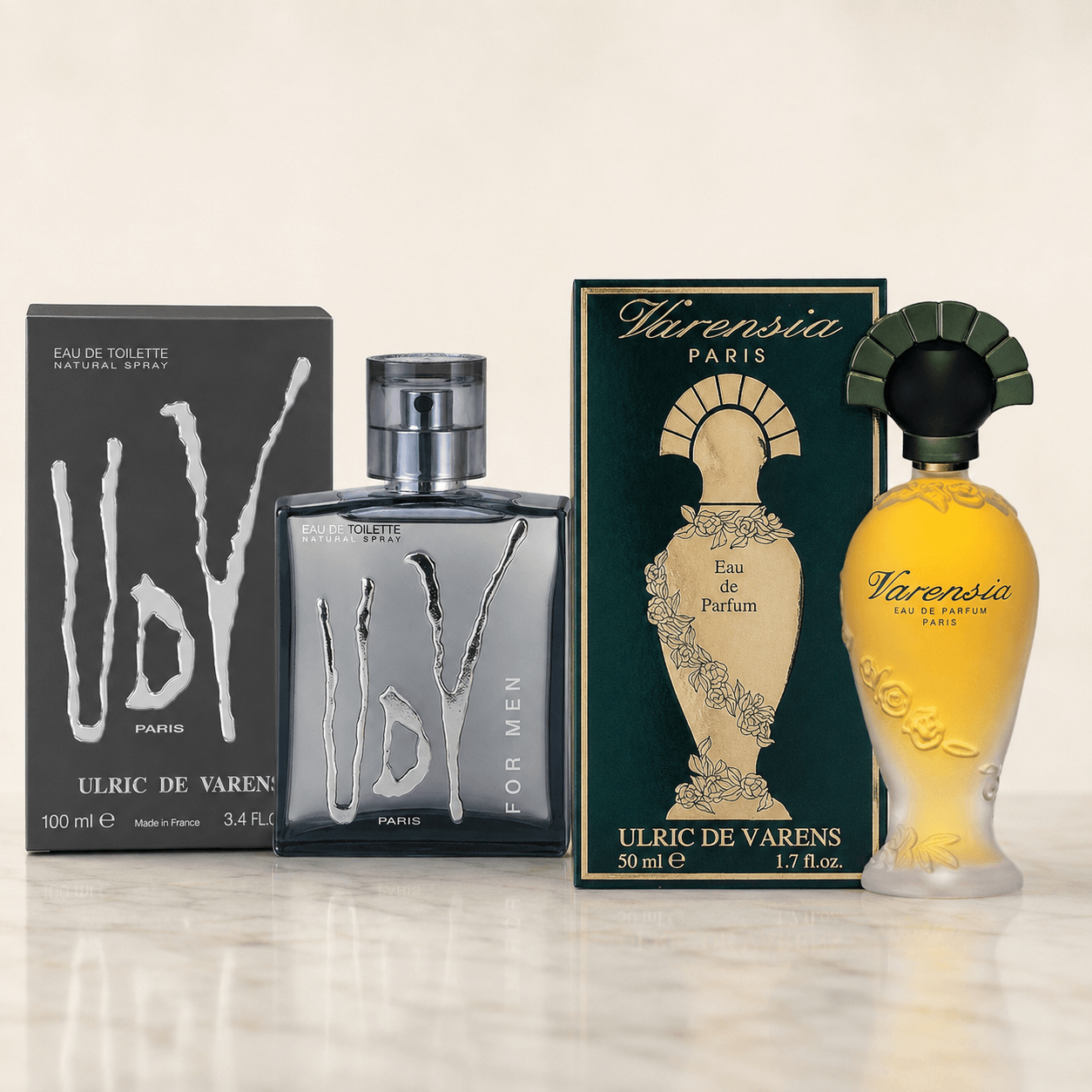 Ulric de Varens UDV For Men and Varensia His & Hers fragrance bundle with bottles and boxes