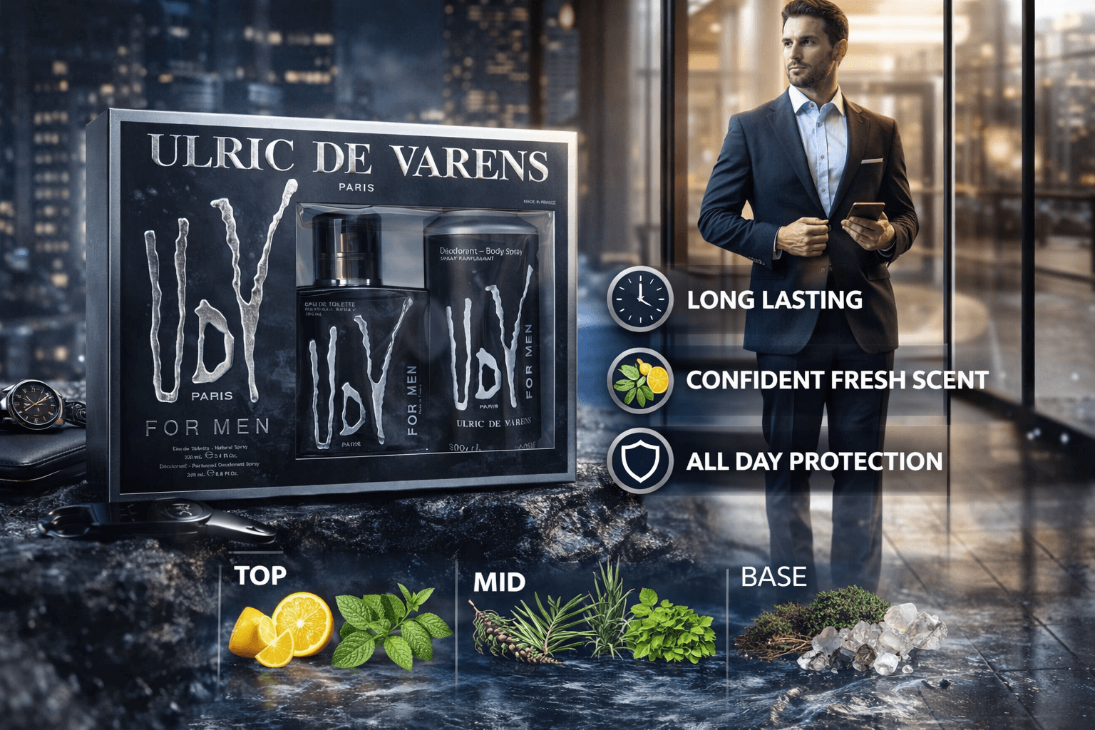 Ulric de Varens UDV For Men gift set with 100ml eau de toilette and 200ml deodorant body spray