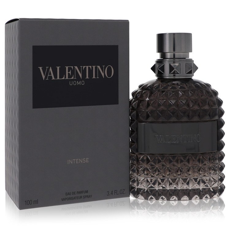 Valentino Uomo Intense 100 ml Eau de Parfum for men – leather iris vanilla fragrance bottle on white background
