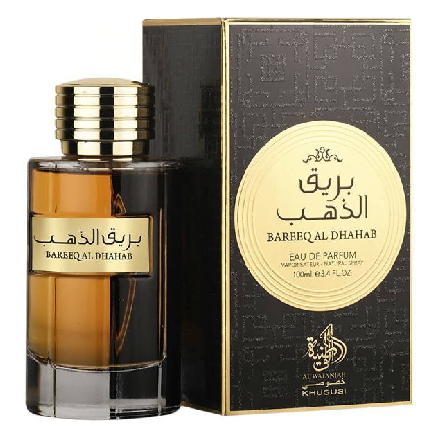 Al Wataniah Bareeq Al Dhahab 100 ml Eau de Parfum for men – saffron rose oud caramel amber woody musk fragrance bottle on white background