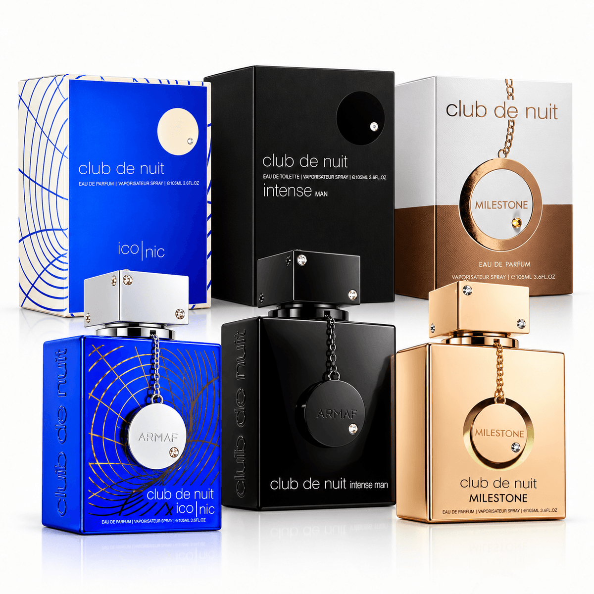Armaf Club de Nuit Iconic Intense Man and Milestone 3-piece fragrance bundle with bottles and retail boxes