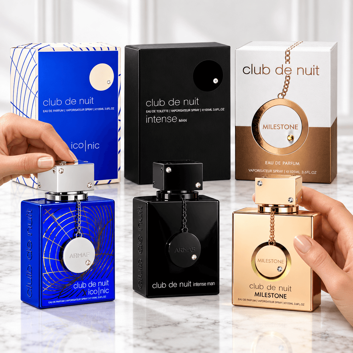 Armaf Club de Nuit Iconic Intense Man and Milestone 3-piece fragrance bundle with bottles and retail boxes