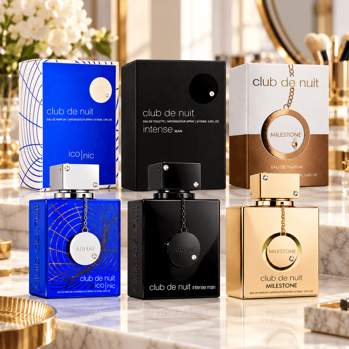 Armaf Club de Nuit Iconic Intense Man and Milestone 3-piece fragrance bundle with bottles and retail boxes