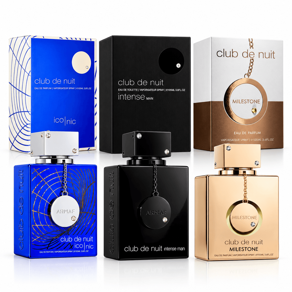 Armaf Club de Nuit Iconic Intense Man and Milestone 3-piece fragrance bundle with bottles and retail boxes