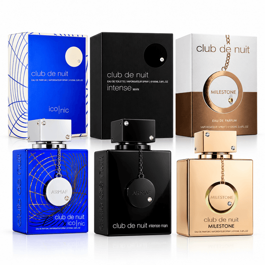 Armaf Club de Nuit Iconic Intense Man and Milestone 3-piece fragrance bundle with bottles and retail boxes