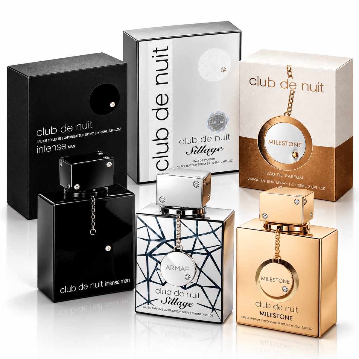 Armaf Club de Nuit Intense Man Sillage and Milestone 3-piece fragrance bundle with bottles and retail boxes