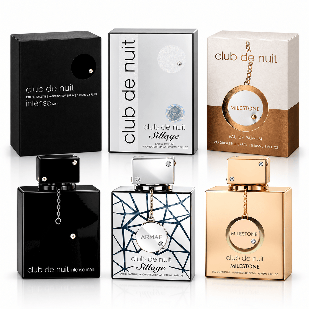 Armaf Club de Nuit Intense Man Sillage and Milestone 3-piece fragrance bundle with bottles and retail boxes