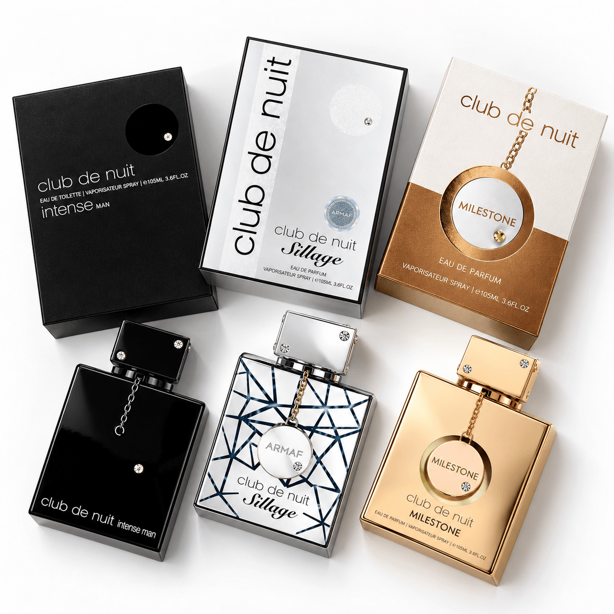 Armaf Club de Nuit Intense Man Sillage and Milestone 3-piece fragrance bundle with bottles and retail boxes