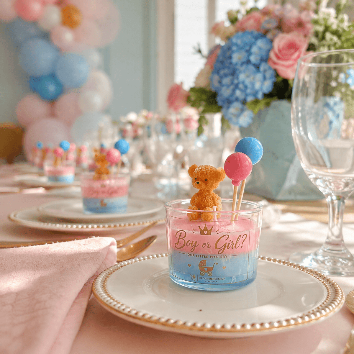 Personalized teddy bear and balloons scented candle in glass jar with pink and blue custom label