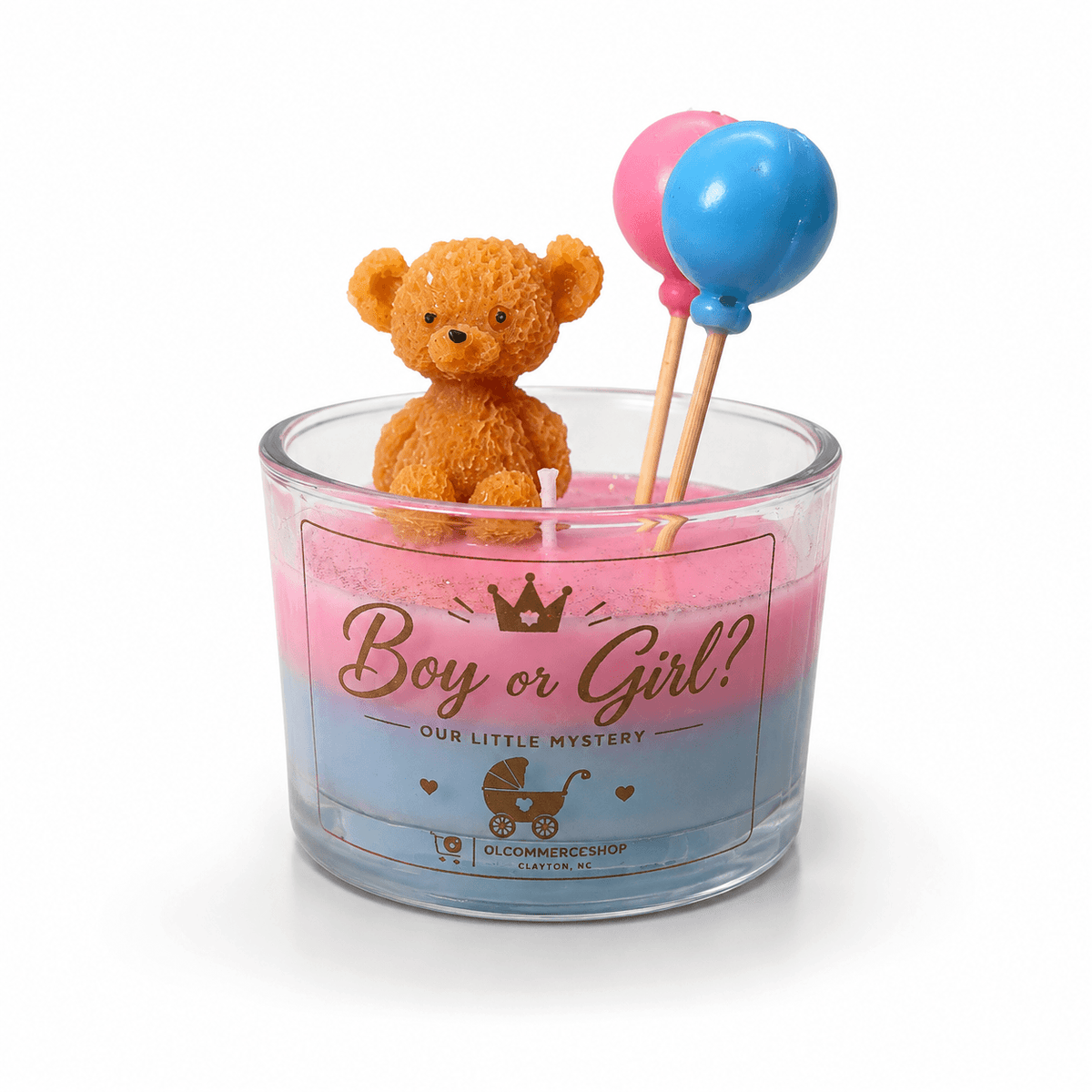 Personalized teddy bear and balloons scented candle in glass jar with pink and blue custom label