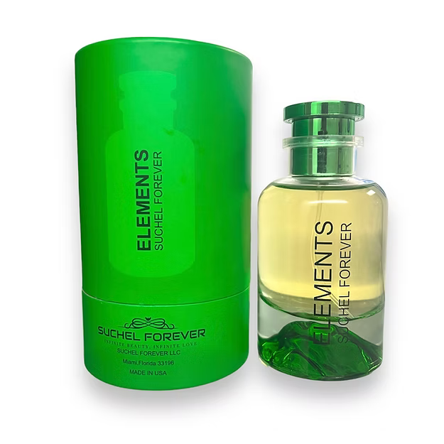Elements Eau de Parfum bottle and green cylindrical packaging 100 mL