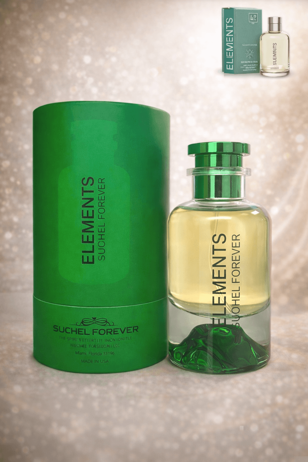 Elements Eau de Parfum bottle and green cylindrical packaging 100 mL