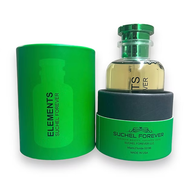 Elements Eau de Parfum bottle and green cylindrical packaging 100 mL