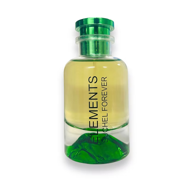 Elements Eau de Parfum bottle and green cylindrical packaging 100 mL