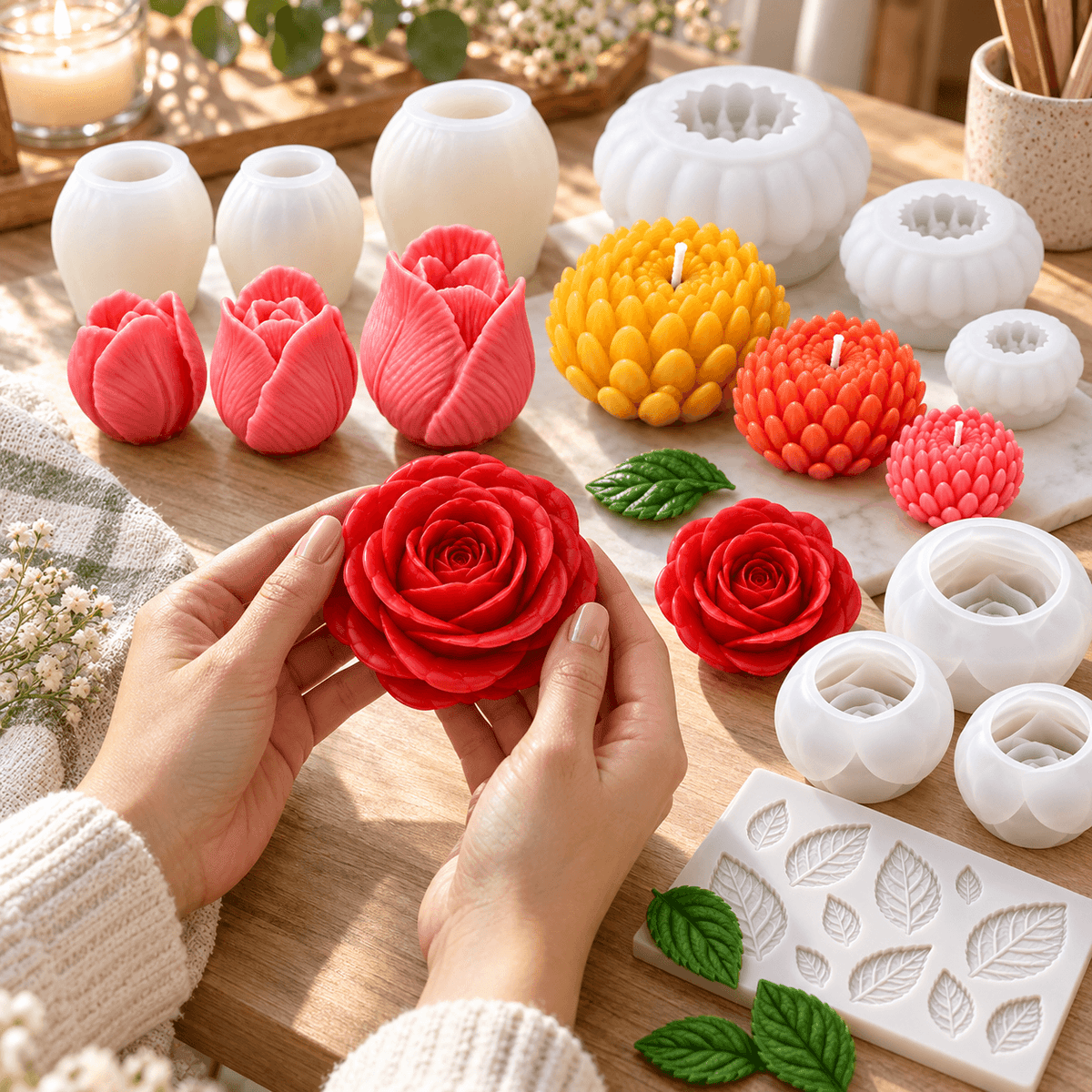 Floral silicone candle mold bundle with tulip chrysanthemum and rose mold sets