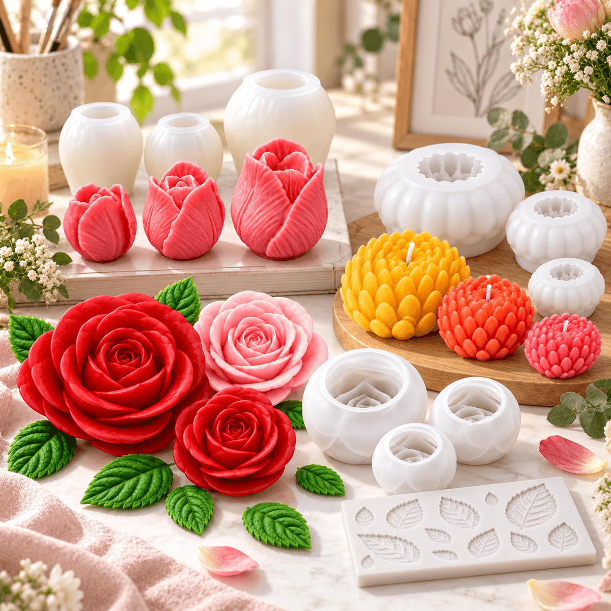 Floral silicone candle mold bundle with tulip chrysanthemum and rose mold sets