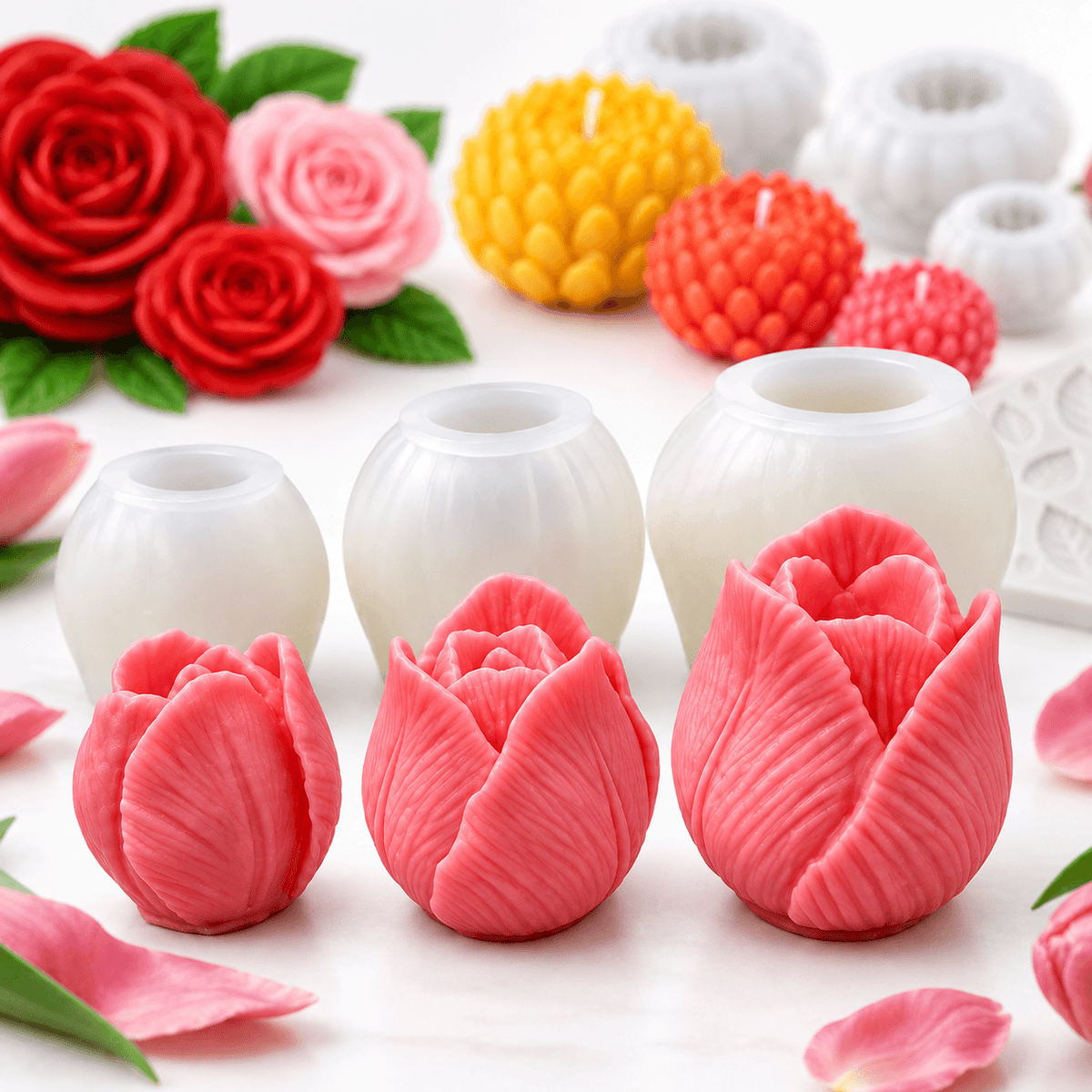 Floral silicone candle mold bundle with tulip chrysanthemum and rose mold sets