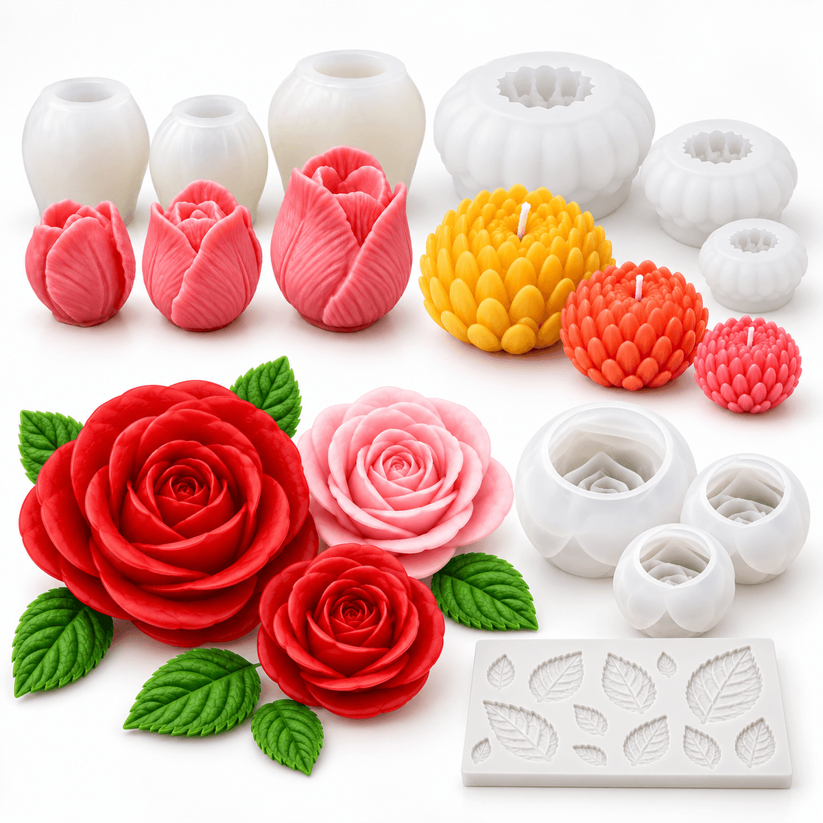 Floral silicone candle mold bundle with tulip chrysanthemum and rose mold sets