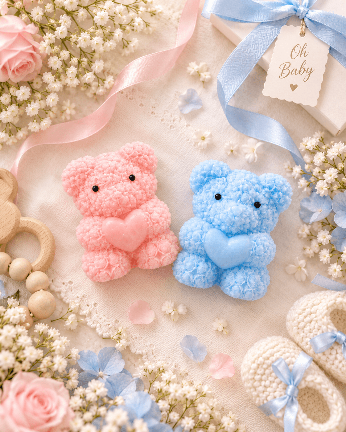 handmade scented teddy bear heart candle with floral rose design