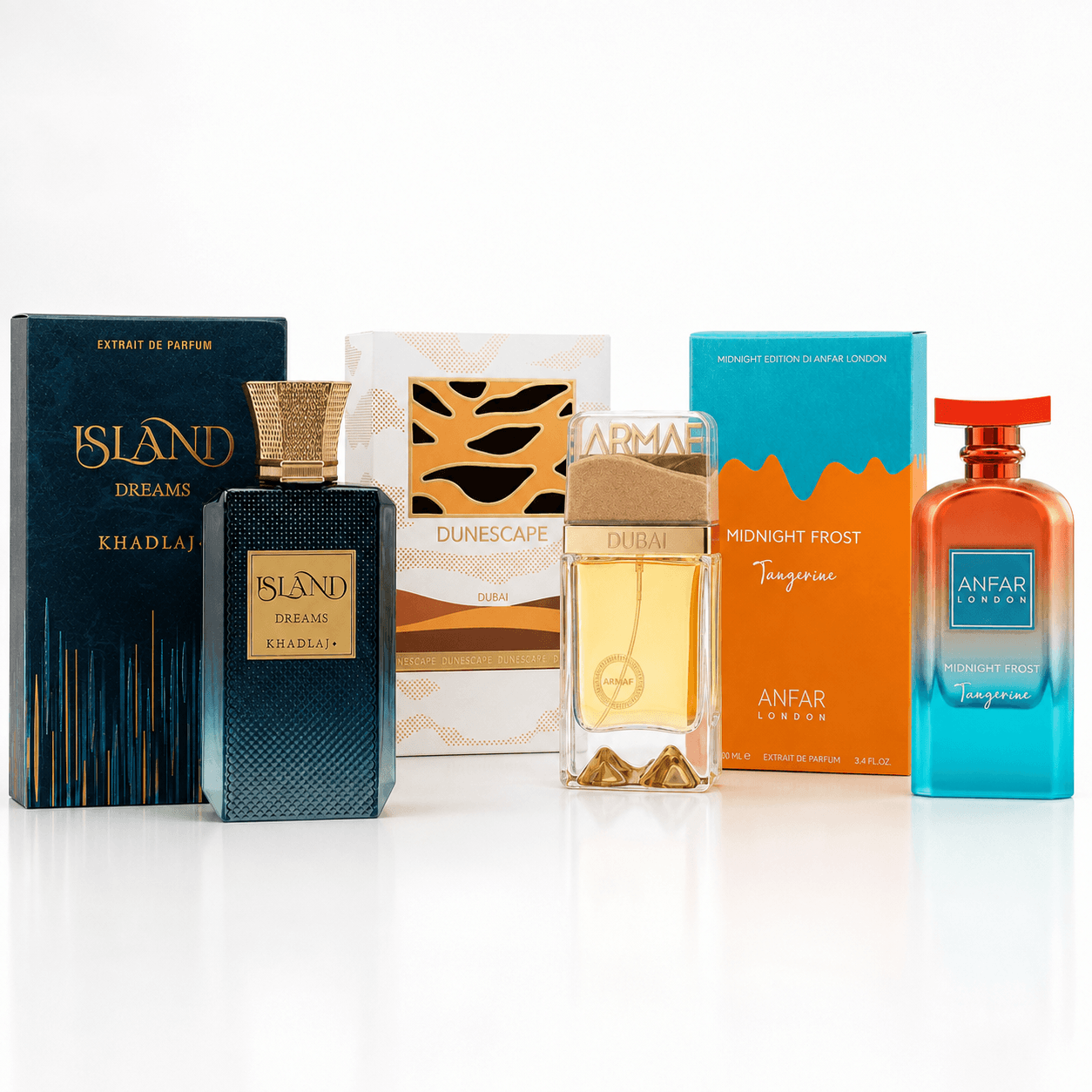 Khadlaj Island Dreams Armaf Dunescape and Anfar Midnight Frost Tangerine 3-piece fragrance bundle