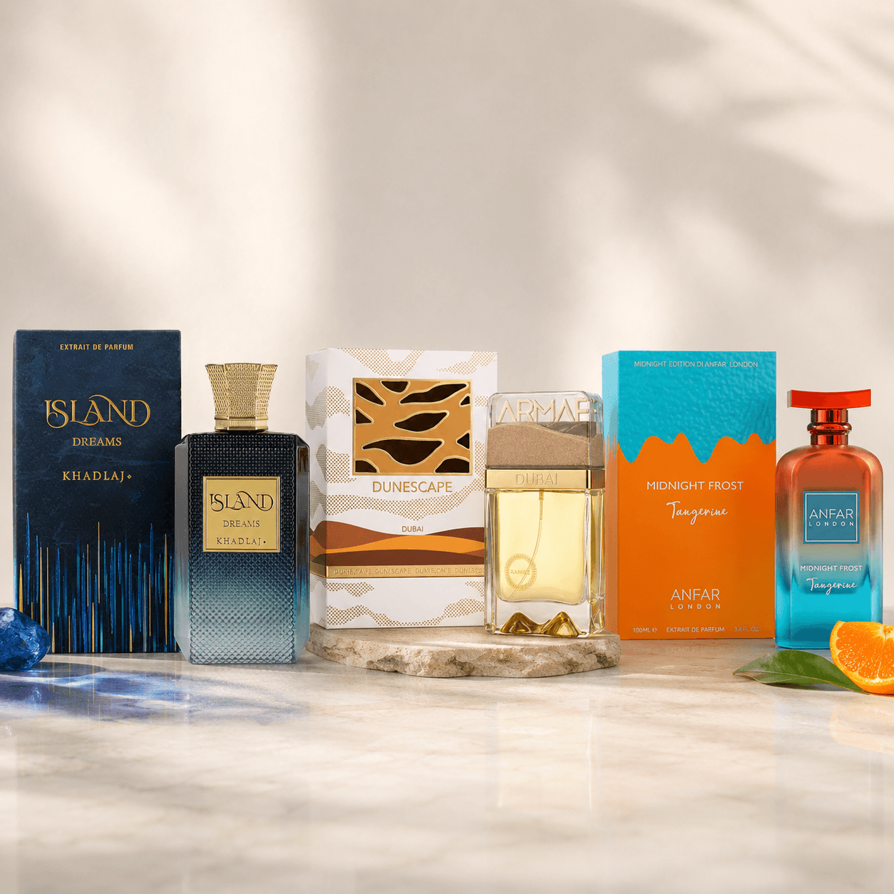 Khadlaj Island Dreams Armaf Dunescape and Anfar Midnight Frost Tangerine 3-piece fragrance bundle