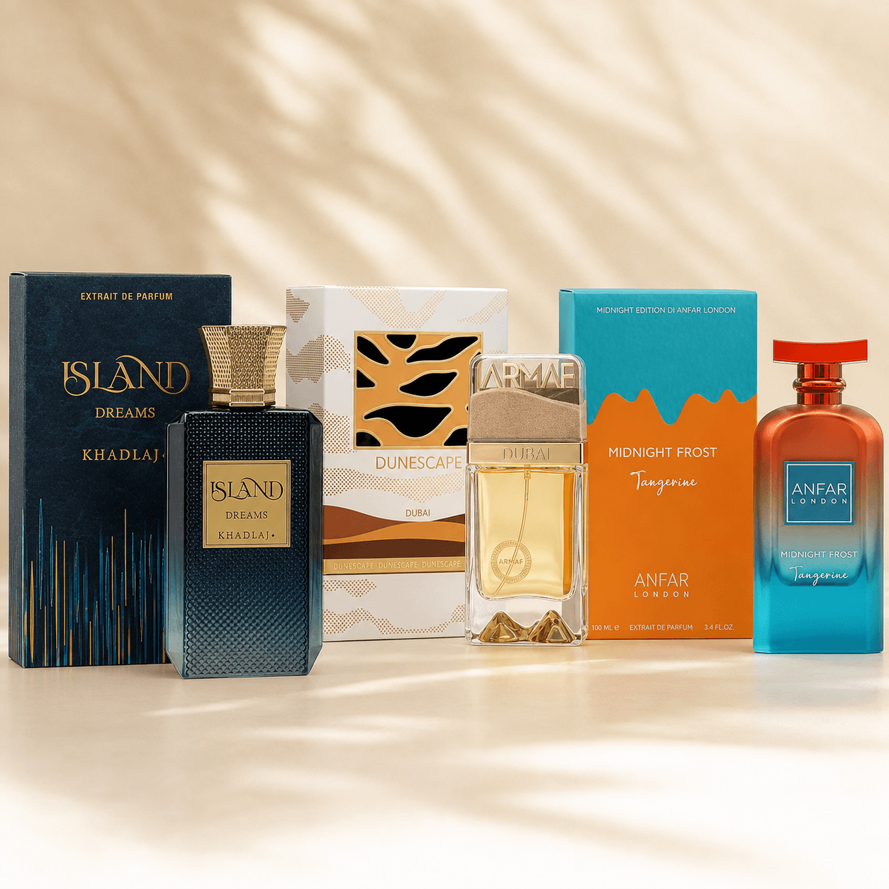 Khadlaj Island Dreams Armaf Dunescape and Anfar Midnight Frost Tangerine 3-piece fragrance bundle