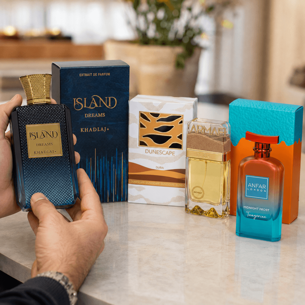 Khadlaj Island Dreams Armaf Dunescape and Anfar Midnight Frost Tangerine 3-piece fragrance bundle