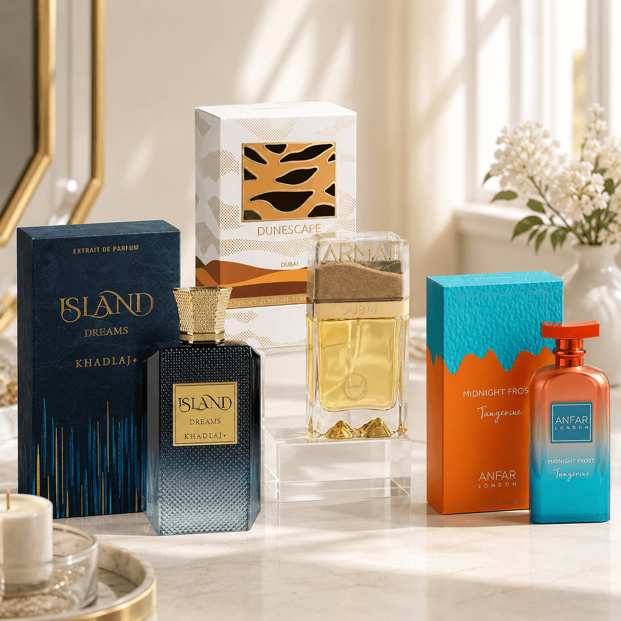 Khadlaj Island Dreams Armaf Dunescape and Anfar Midnight Frost Tangerine 3-piece fragrance bundle