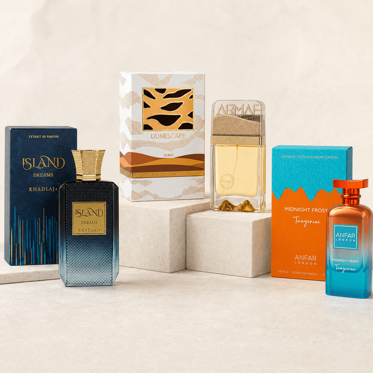 Khadlaj Island Dreams Armaf Dunescape and Anfar Midnight Frost Tangerine 3-piece fragrance bundle