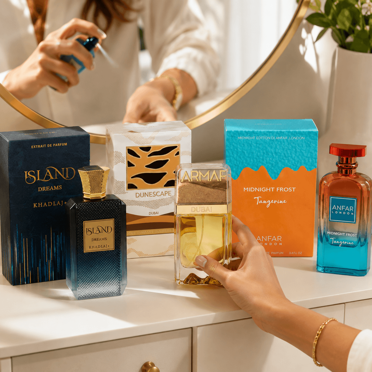 Khadlaj Island Dreams Armaf Dunescape and Anfar Midnight Frost Tangerine 3-piece fragrance bundle