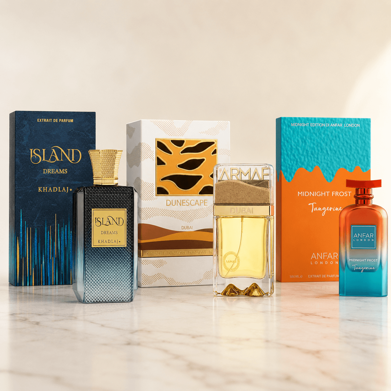 Khadlaj Island Dreams Armaf Dunescape and Anfar Midnight Frost Tangerine 3-piece fragrance bundle
