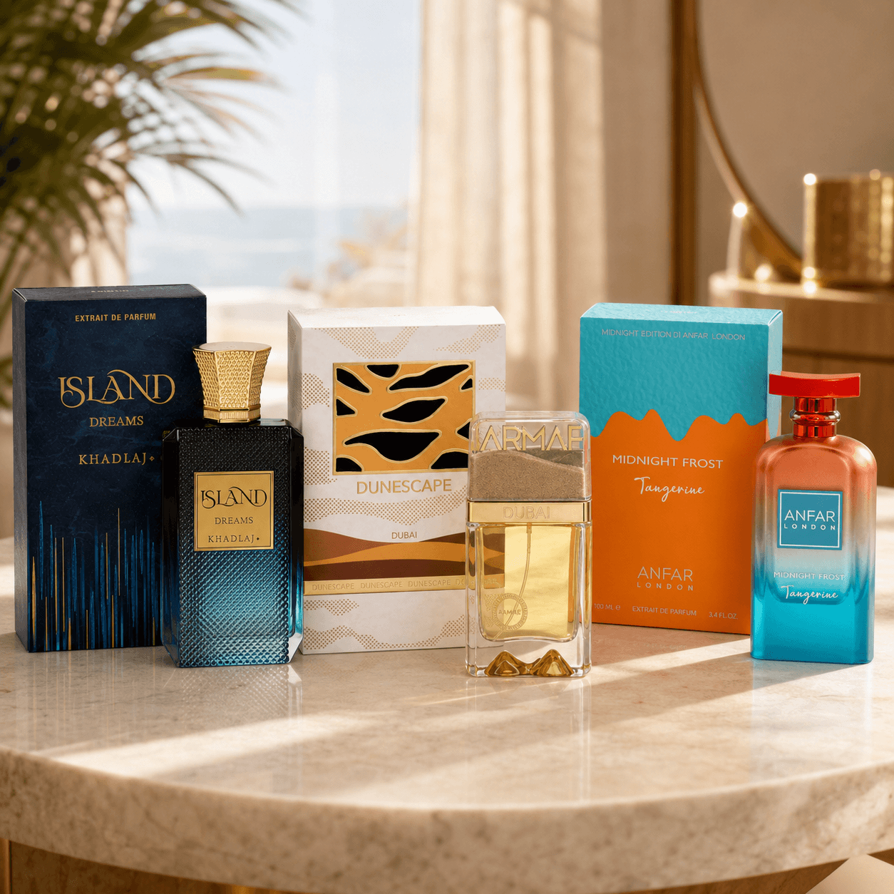 Khadlaj Island Dreams Armaf Dunescape and Anfar Midnight Frost Tangerine 3-piece fragrance bundle