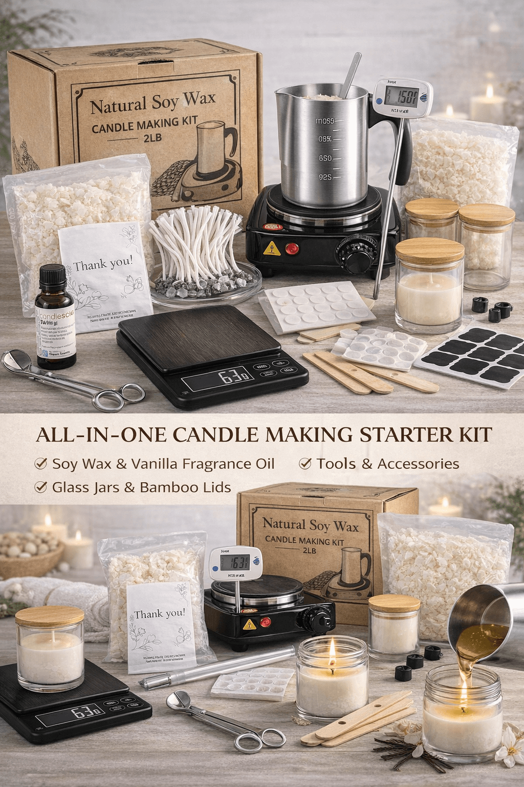 DIY Candle Making Starter Kit (Beginner) – Soy Wax + Tools + 2 Jars