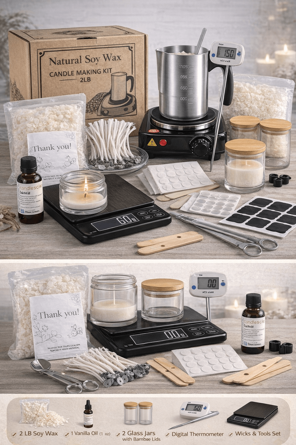 DIY Candle Making Starter Kit (Beginner) – Soy Wax + Tools + 2 Jars