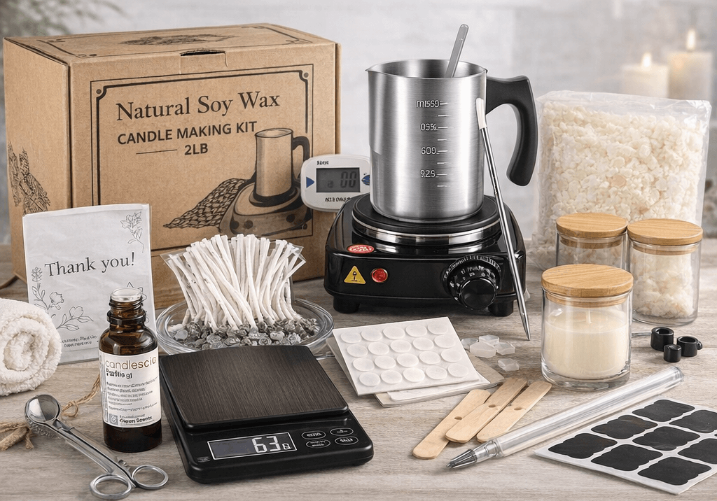 DIY Candle Making Starter Kit (Beginner) – Soy Wax + Tools + 2 Jars