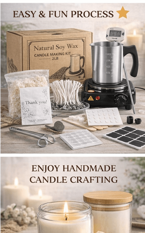 DIY Candle Making Starter Kit (Beginner) – Soy Wax + Tools + 2 Jars